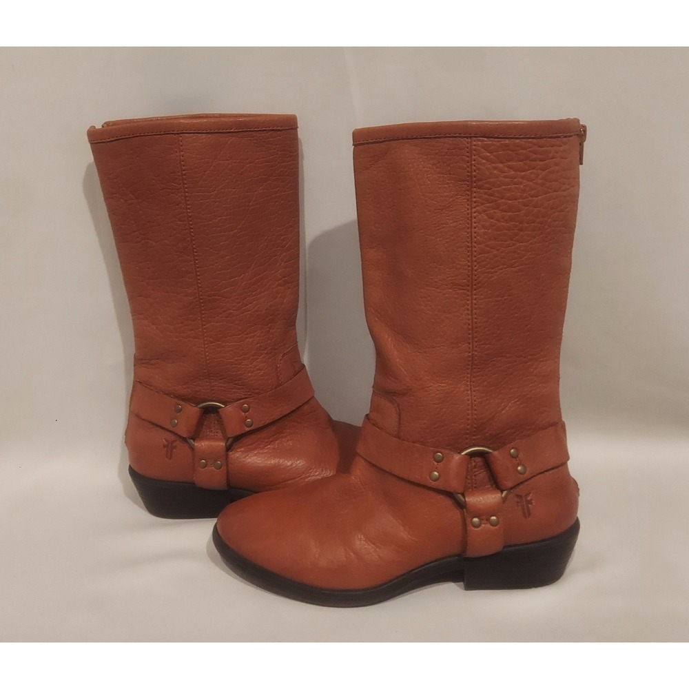 Frye Youth Girls Leather Phillip Harness Tall Boots Whiskey Tan Back Zip Size 3
